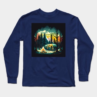 Retro camping with a bonfire in the woods Long Sleeve T-Shirt